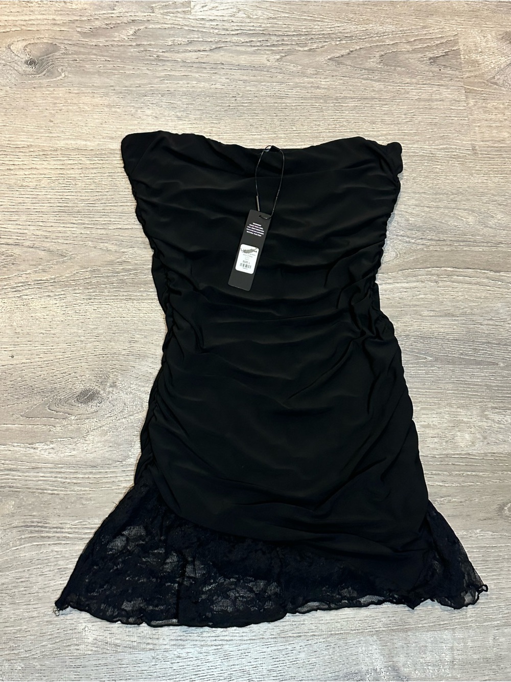 Fashion Nova Black Ruched Mini Dress Lace Hem Size L